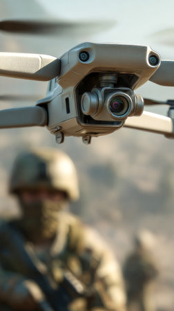 Aerial surveillance with an advanced drone near a soldier. Close drone in action.の素材
