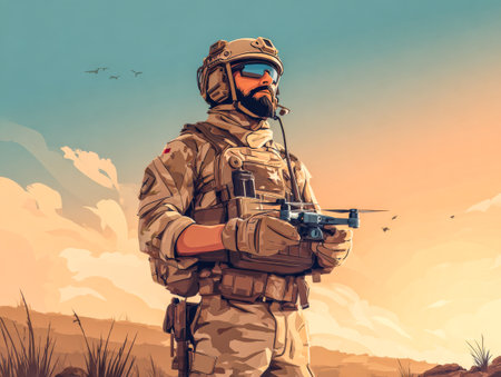 A military operator launches a drone in warm dusk. Drone operator.の素材