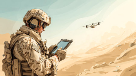 Military operator flies a drone among sandy dunes. Desert monitoring.の素材