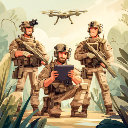 Three soldiers in jungle operate recon drone by tablet. Tropical drone team.の素材
