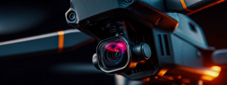 Dark tactical drone glowing in night flight. Combat night quadcopter.の素材