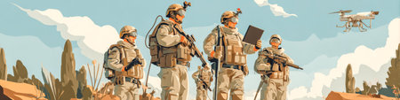 Soldiers in desert control recon drone by tablet. Desert drone mission.の素材