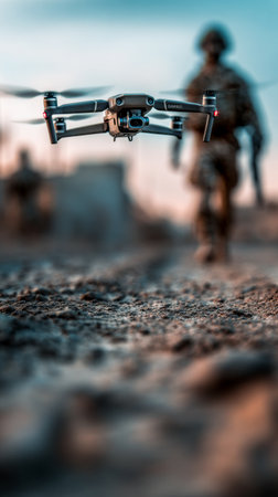 Close drone flies low ahead of soldier on dusty road. Drone in focus.の素材