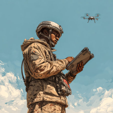 Soldier with tablet adjusts recon drone flight above clouds. Drone coordination.の素材