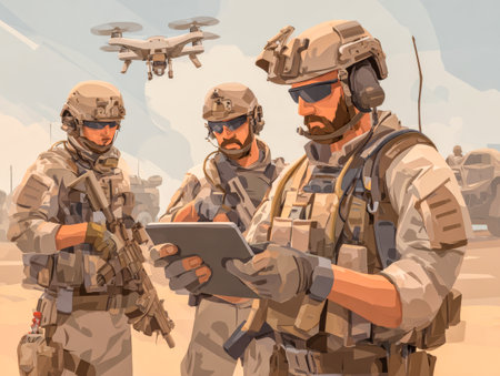Three soldiers on base manage combat drone with tablet. Base drone operation.の素材
