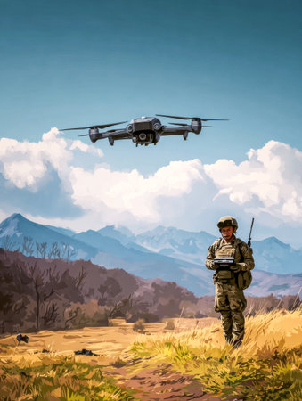 Single soldier pilots drone above mountain valley smart aerial recon. Soldier and drone.の素材