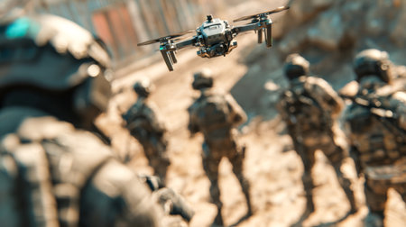 Military drone leads squad of soldiers on desert mission. Drone with soldiers.の素材