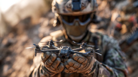 Military operator presents a combat drone at sunset. Golden hour.の素材