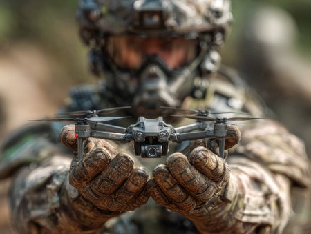 Military operator extends a tactical drone forward. Frontline aerial intel.の素材
