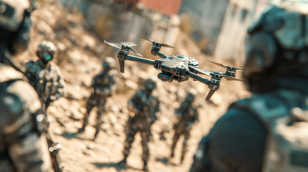 Military people surround recon drone in urban zone. Drone with soldiers.の素材