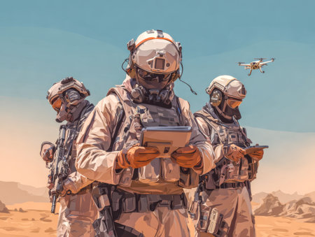 Three soldiers in desert control aerial drone by tablets. Tactical drone group.の素材