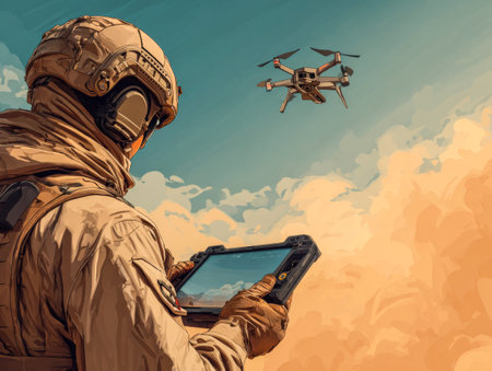Soldier pilots drone above desert clouds with tablet. Aerial drone control.の素材