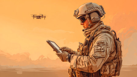 Soldier with tablet controls combat drone in orange sky. Drone operator.の素材