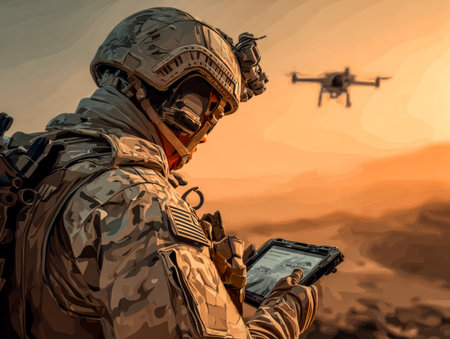 Soldier with tablet follows drone silhouette at sunset. Sunset drone pilot.の素材
