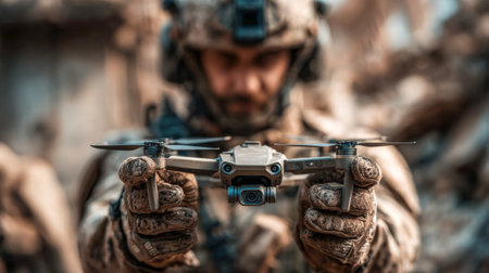 A military soldier holds a drone in tense field conditions. Field operator.の素材