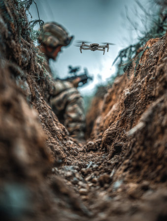 Soldier controls tactical drone from narrow trench closeup. Soldier and drone.の素材