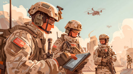 Soldiers on urban base manage swarm of drones by tablet. Networked drone operation.の素材