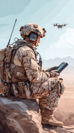 Military operator monitors a drone at altitude. Flight coordination.の素材