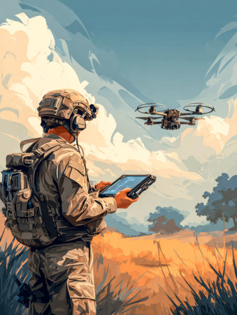 Operator controls drone in open field. Human guides flight.の素材