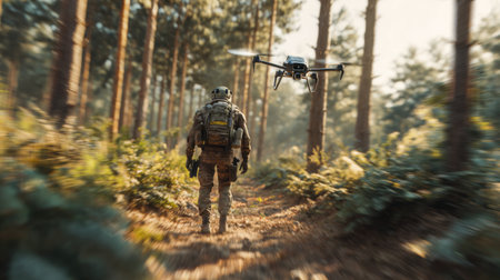 Military operator moves through forest with drone. Human conducts reconnaissance.の素材