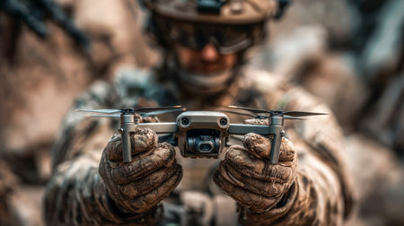 A military soldier holds a drone in a dusty environment. Field precision.の素材