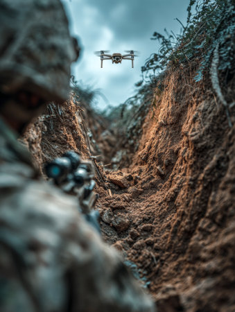 Soldier in trench covers recon drone flight. Soldier drone scope.の素材