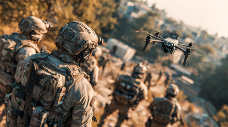 Military drone escorts soldiers during urban hillside patrol at golden hour. Urban drone recon.の素材