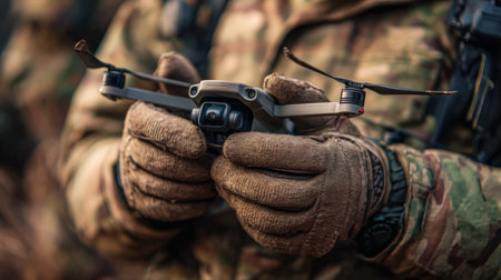 Military person holds recon drone in gloves. Tactical drone in hands.の素材