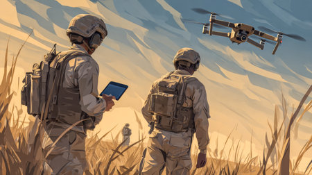 Three soldiers and recon drone over open grassland. Team with drone.の素材