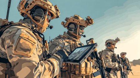 Four soldiers in desert review drone data on tablet. Desert drone briefing.の素材