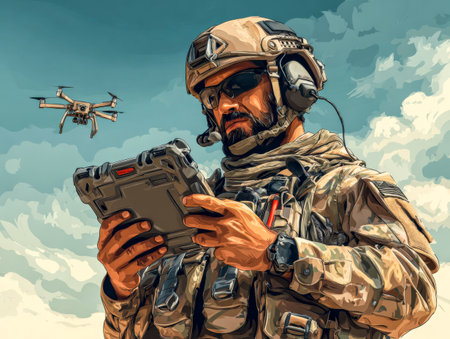 Military drone operator controls mission in the sky. Tactical drone recon mission.の素材