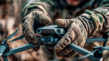 Military hands prepare tactical drone for launch. Combat drone setup.の素材