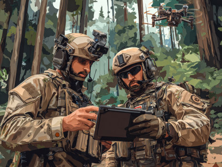 Two soldiers in forest control drone by tablet. Tactical drone control.の素材