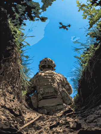 Soldier controls recon drone from trench floor. Soldier drone trench.の素材