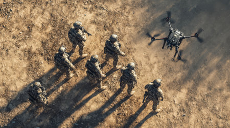 Aerial view of soldiers in formation beside landed recon drone on dry ground. Drone squad topdown.の素材