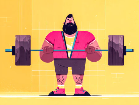 Bearded man weightlifter holding barbell on yellow background. Modern strength hero.の素材