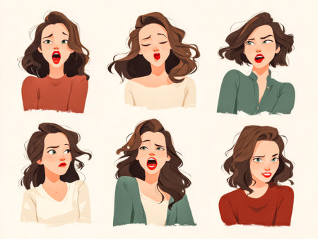 One woman moves through six dramatic reactions in portraits. Many moods.の素材