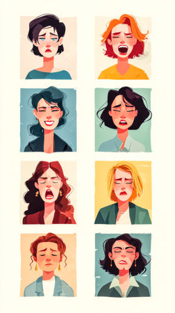 Eight women display contrasting emotions from joy to tears. Female moods.の素材