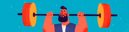 Strong bearded man holding barbell on blue background. Man with barbell.の素材