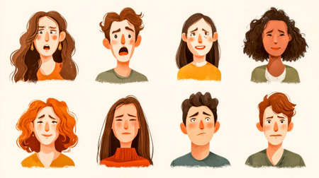 Eight people show fear anxiety and sadness in small portraits. Emotional group.の素材