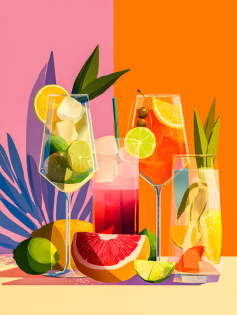 Tropical cocktails with citrus on pink orange backdrop. Summer bar style.の素材