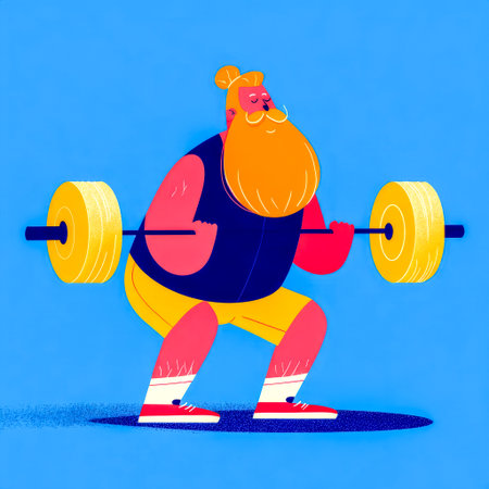 Ginger bearded man squatting with barbell on blue background. Calm squat hero.の素材