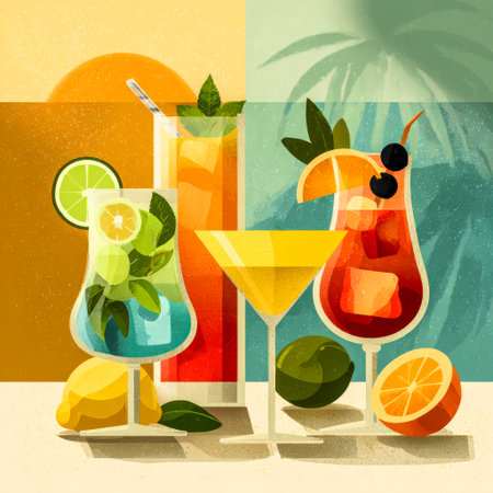 Tropical cocktails in assorted glasses with citrus and ice. Summer drinks.の素材
