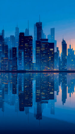 Tall towers of night metropolis in deep blue atmosphere. Skyscrapers above water.の素材