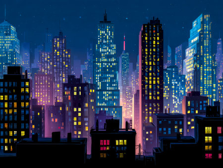 Neon city horizon with bright windows in the night sky. Cyberpunk skyline.の素材