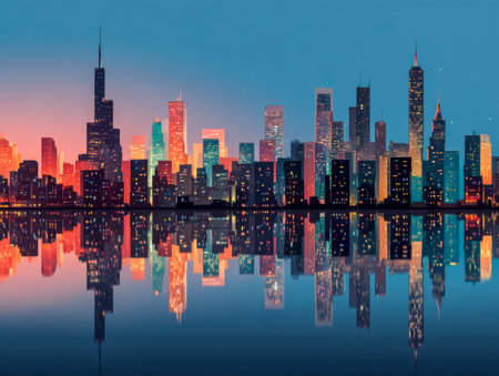 Colorful city skyline glowing under gradient evening sky. Neon sunset metropolis.の素材