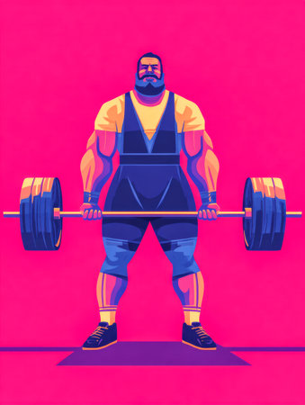 Bearded weightlifter deadlifting barbell in neon arena. Powerful strongman.の素材