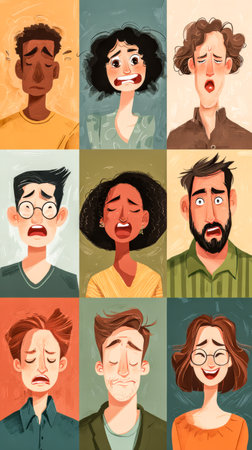 Nine people display a spectrum of emotions from fear to relief. Emotion matrix.の素材