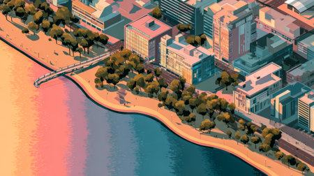 Modern city block along riverside waterfront in soft light. Urban river landscape.の素材