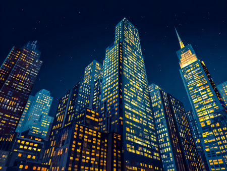 Night towers of the metropolis with warm windows and starry sky. City light skyline.の素材